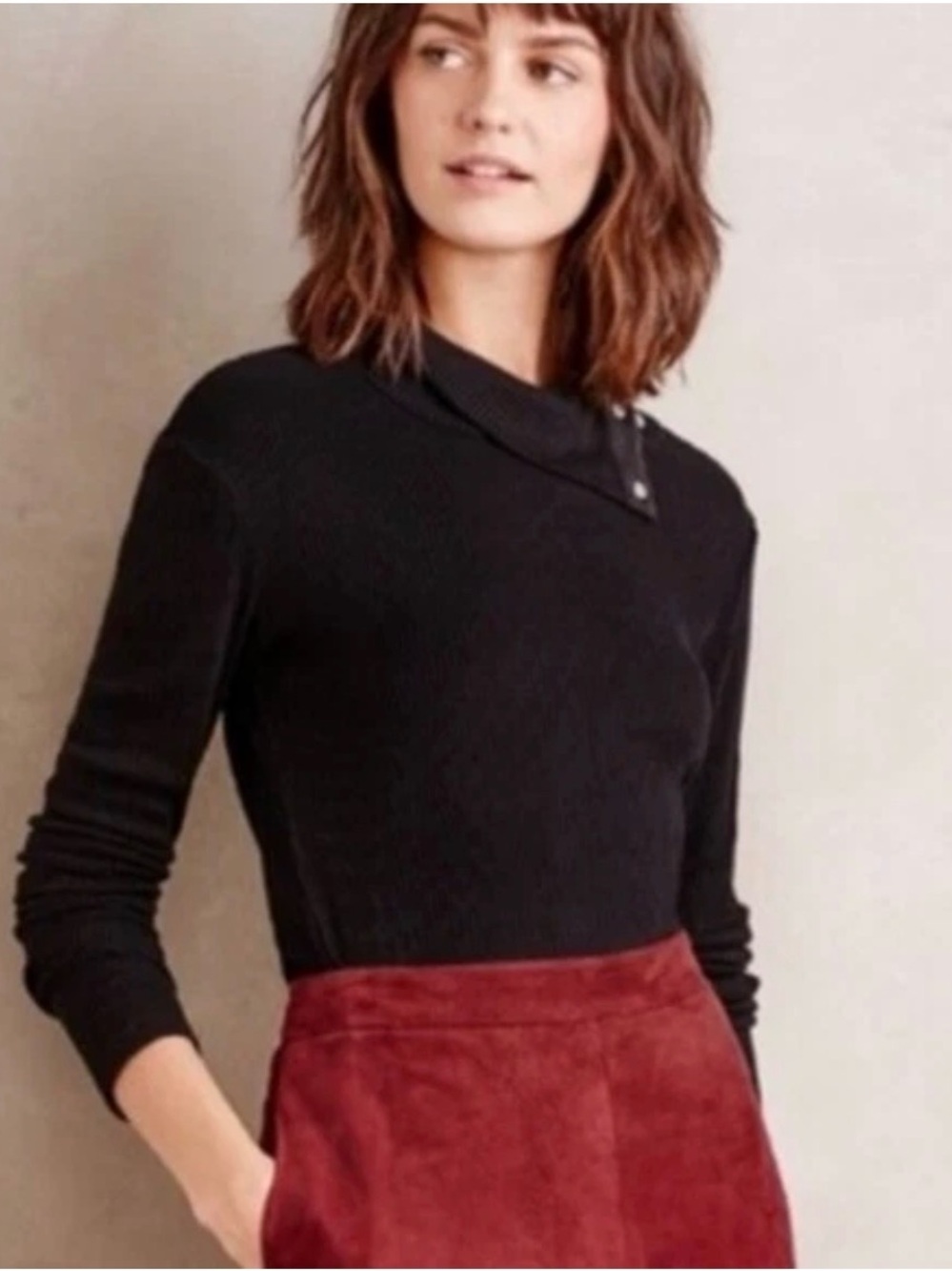 DOLAN Edgy Minimalist Contemporary Black Ribbed Snap Turtleneck Sweater Size XS